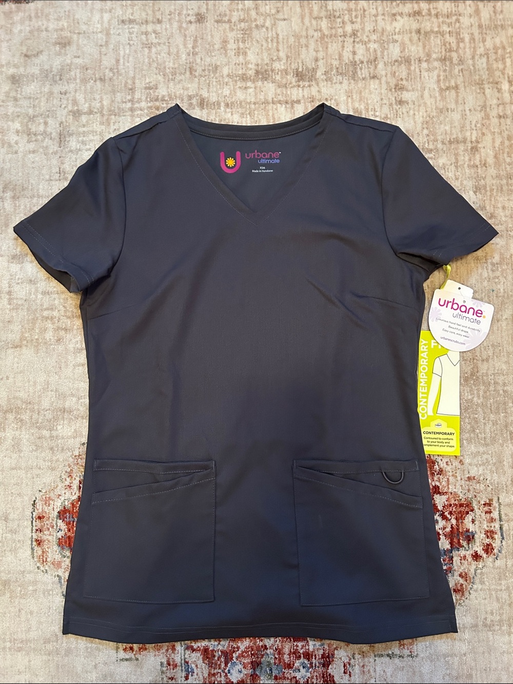 Urbane Women's Navy V-Neck Scrub Top with Front Pockets